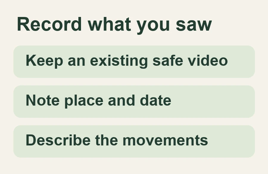 Keep an existing safe video; Note place and date; Describe the movements