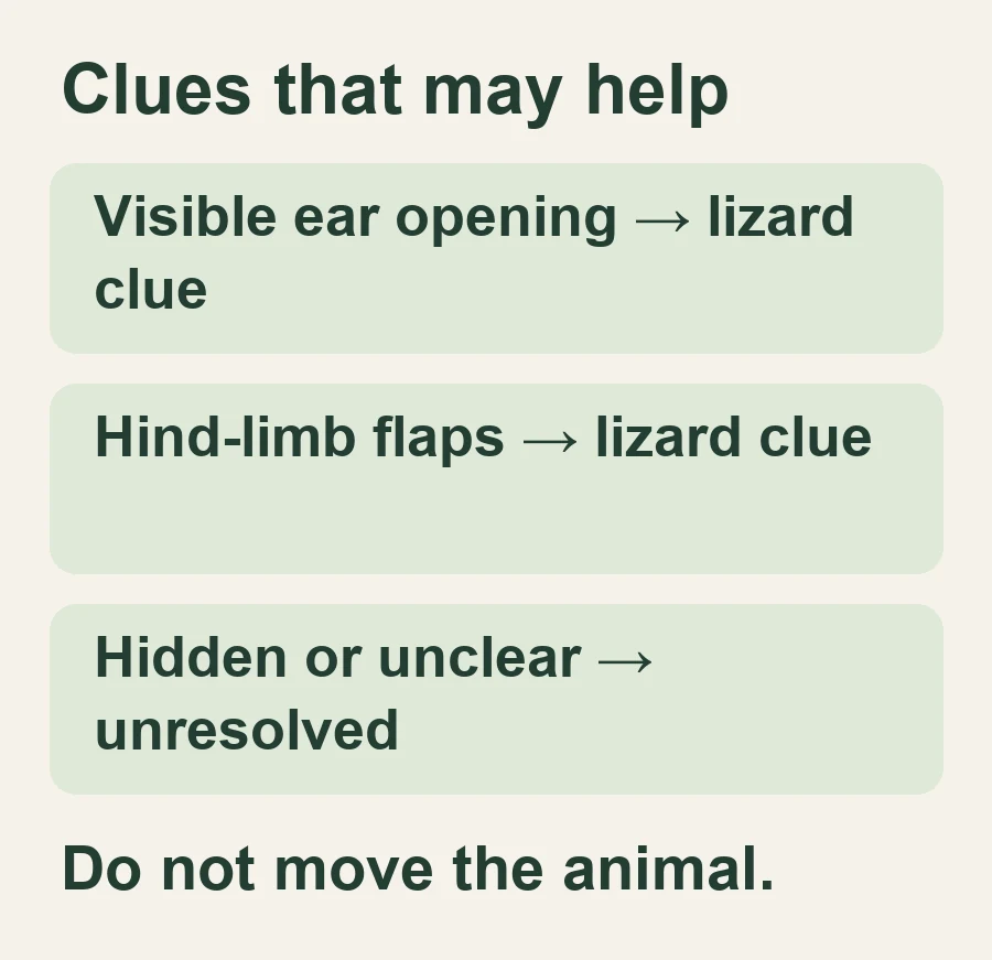 Clues that may help. Visible ear opening → lizard clue. Hind-limb flaps → lizard clue. Hidden or unclear → unresolved. Do not move the animal.